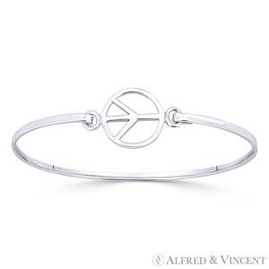 Peace Sign 15mm Circle Charm Cuff Bangle Bracelet in Solid .925 Sterling Silver